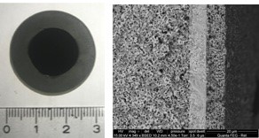 Projet PROTEC _ Figure 1 : Photographie et micrographie MEB de la cellule NiO-BZCY181 // BZCY181 // BZCY181- PBSCF // PBSCF
